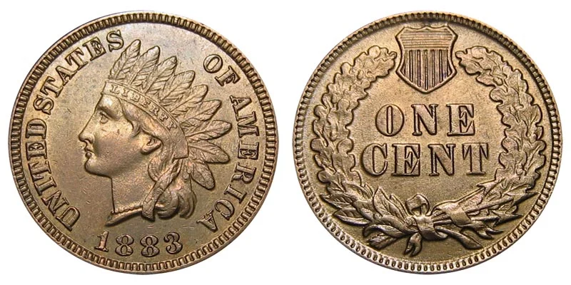 1883 Indian Head Penny obverse and reverse showing Lady Liberty portrait with feathered headdress and LIBERTY headband