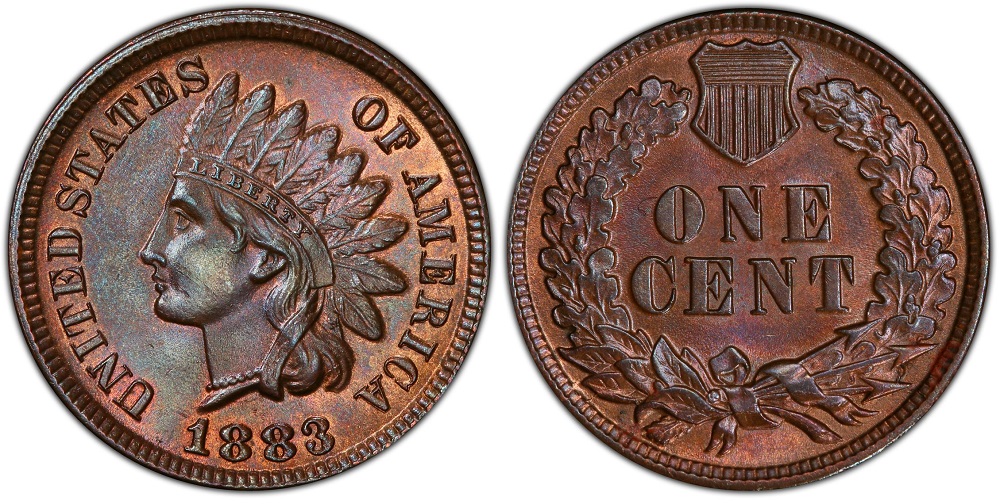 Grading strip showing four 1883 Indian Head pennies from worn (Good) through circulated (VF) to about uncirculated (AU) to gem uncirculated (MS-65)