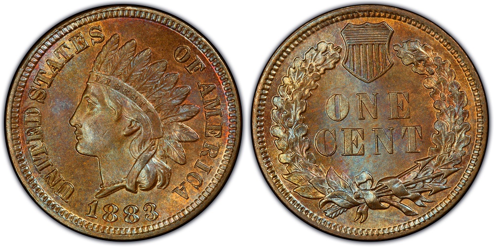 Side-by-side comparison of normal 1883 Indian Head Penny necklace area versus Snow-1 MPD variety showing extra digit in the first pearl