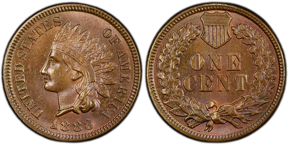 Historical Philadelphia Mint building or group of 1883 Indian Head pennies in varying grades showing survival range